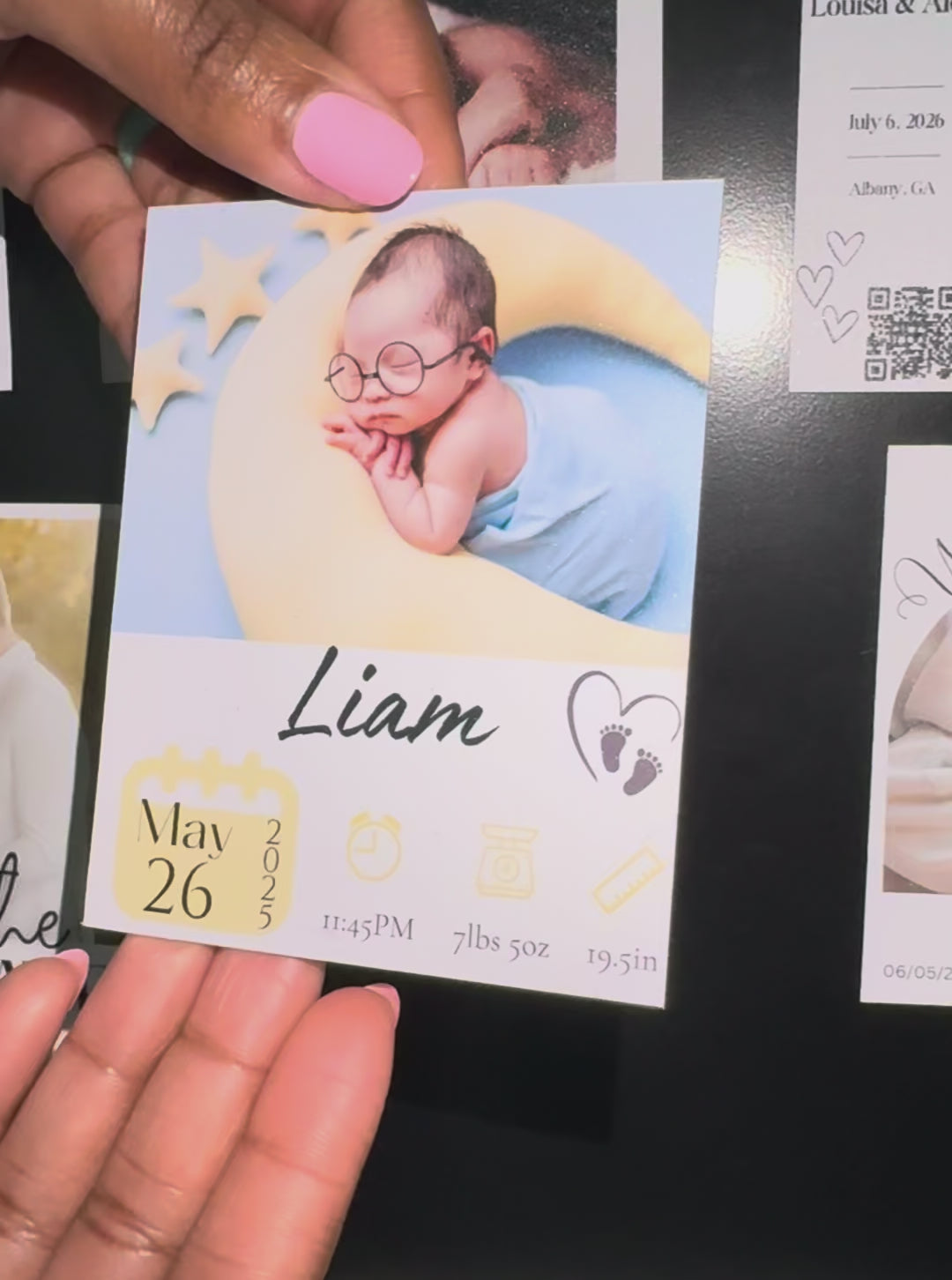 Custom baby announcement magnet printed on luster photo paper, featuring newborn photo with heart with baby footprints — personalized fridge magnet gift for new parents