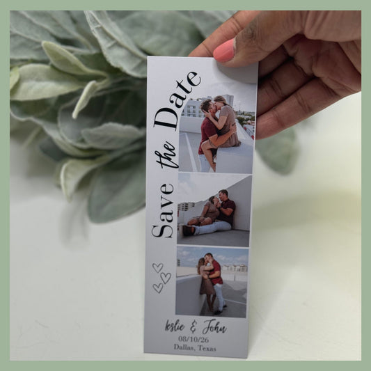 Custom save the date photo strip magnet featuring three engagement photos with couple names and wedding date