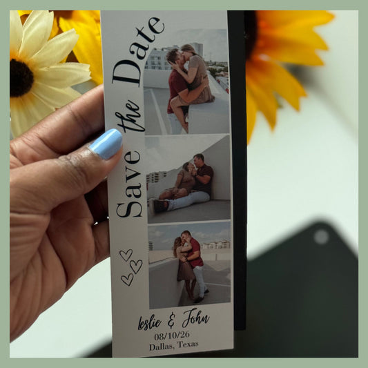 Personalized save the date photo strip magnet with couple’s engagement pictures and wedding details