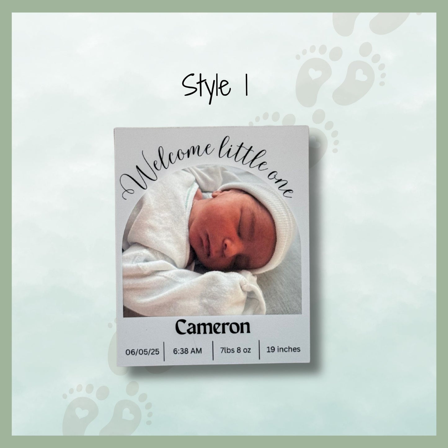 Newborn announcement photo magnet with welcome message and birth information, style 1 personalized design