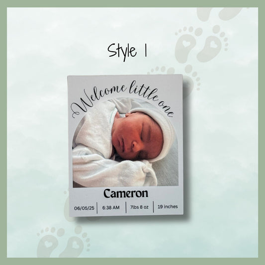 Newborn announcement photo magnet with welcome message and birth information, style 1 personalized design