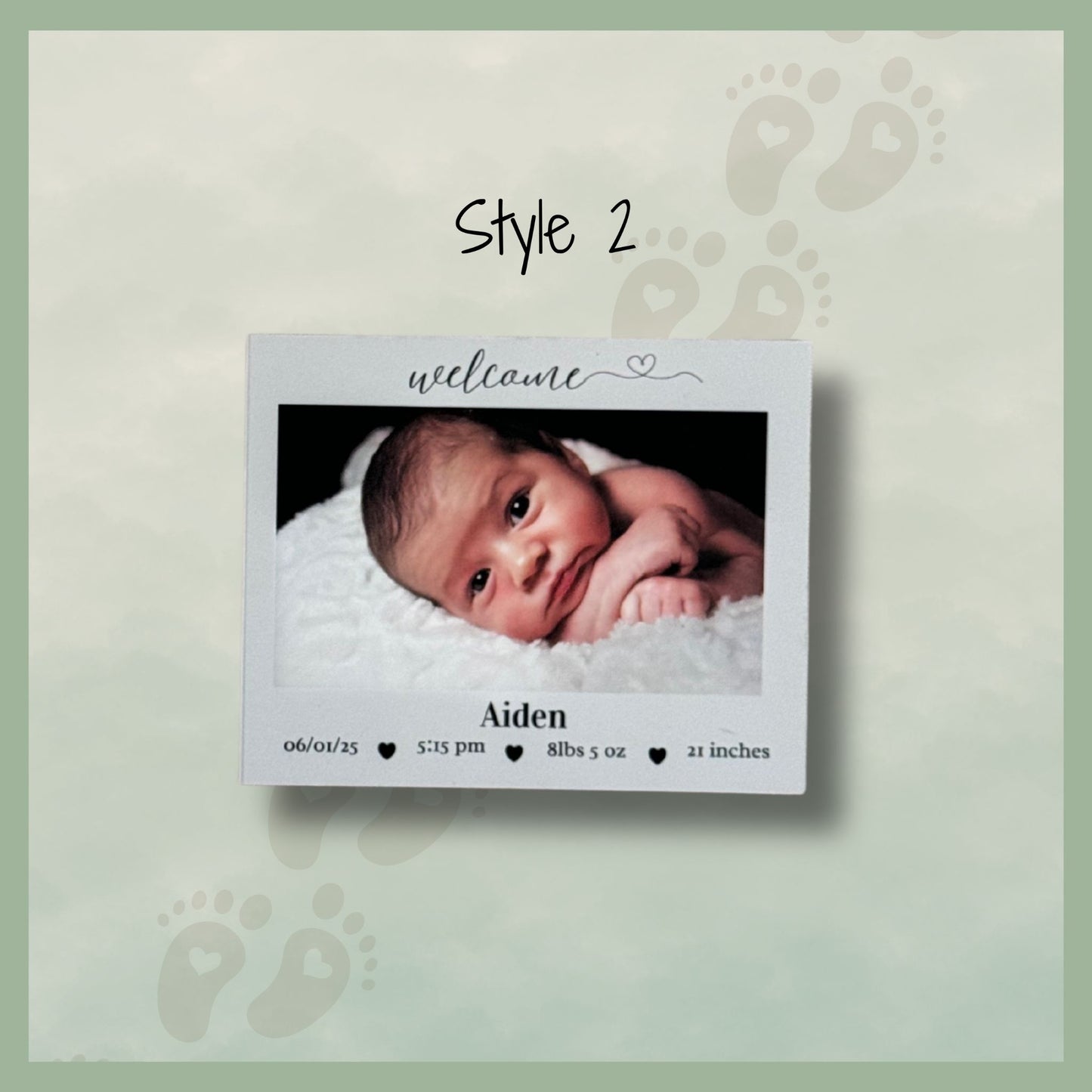 Personalized baby photo announcement magnet with newborn details and horizontal photo, style 2 design