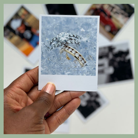 Custom photo magnet featuring a close-up of wedding and engagement rings on crushed ice — perfect bridal shower, anniversary, or proposal keepsake by QB Magnetics